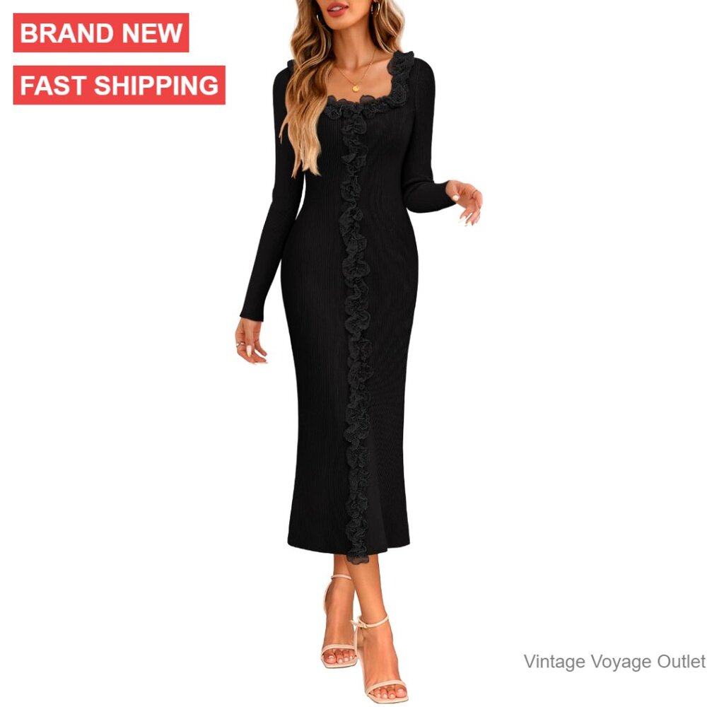 Long Sleeve Bodycon Sweater Dress Square Neck Ruffle Trim Midi